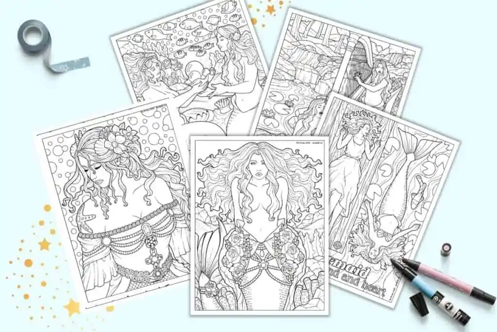 A preview of five printable vintage mermaid coloring sheets for adults.
