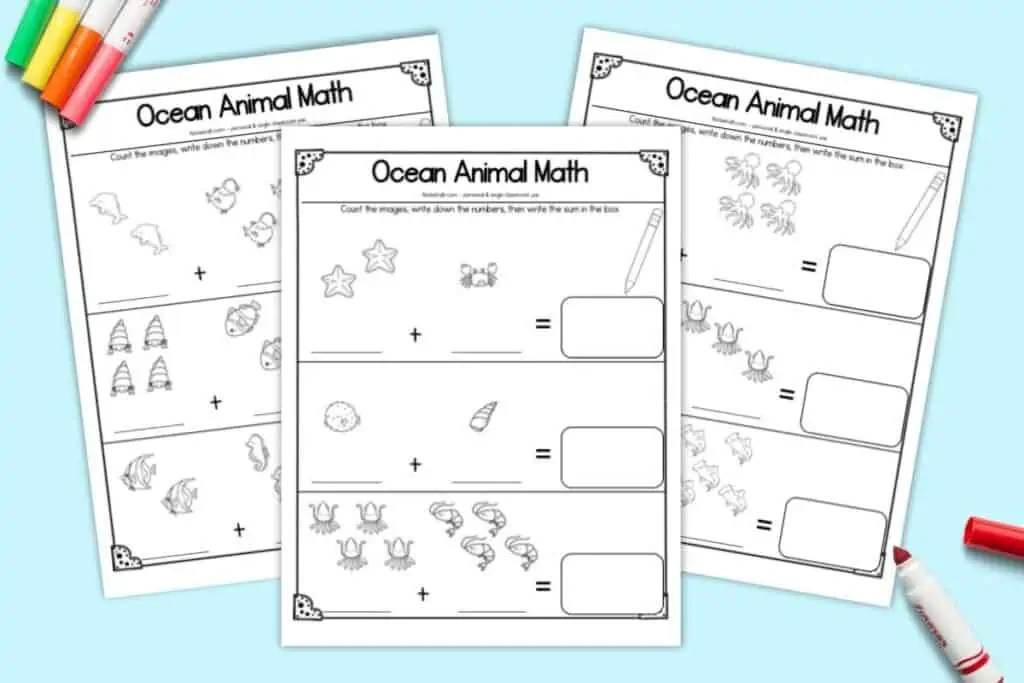 A preview of three printable addition pages. Each has three sums shown with cute sea life clip art. Sums add up to 2-10