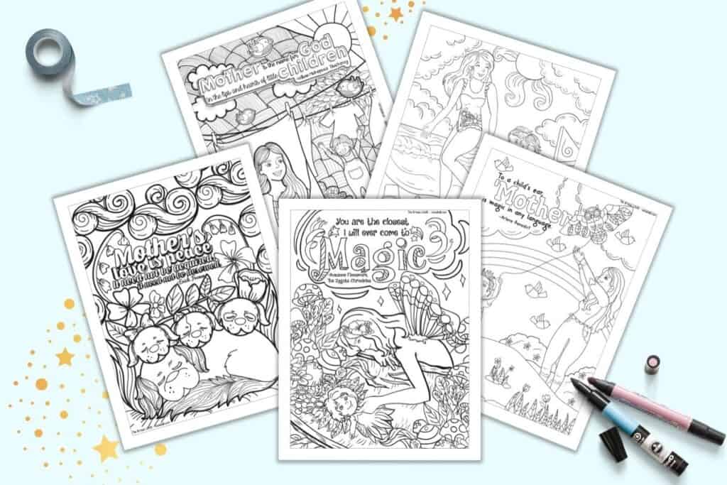 A preview of five printable coloring pages for adults. Each page has a mother and her child and a quotation about motherhood.