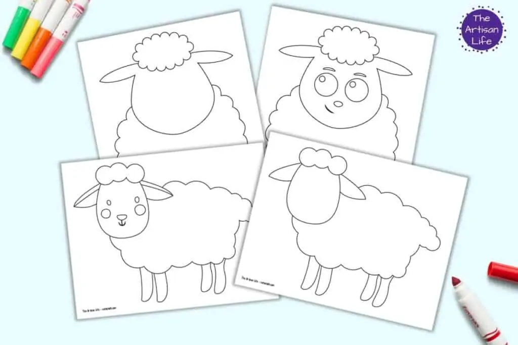 A preview of four printable sheep templates. Two have facial features and two are blank. 
