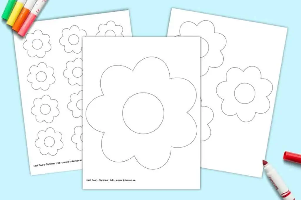 A preview of three printable flower templates. One page has a large flower, another page has three medium flowers, and the final page has 12 small flowers.