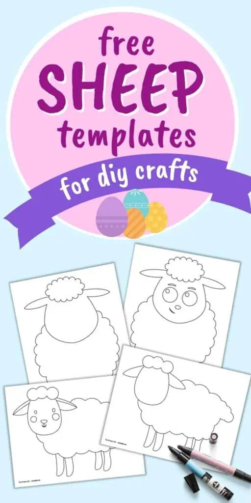 Text "free printable sheep templates for DIY crafts" above a preview of four printable sheep templates. Two are facing forwards and two are shown from the side.