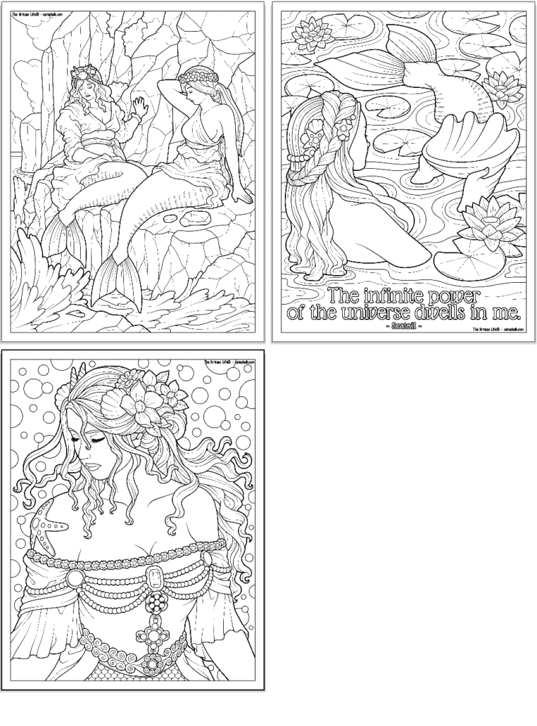 A preview of three mermaid coloring pages for adults including two mermaids on a rock, a mermaid with the quotation "the infinite power of the universe dwell in me" and a mermaid wearing a gem-covered bodice