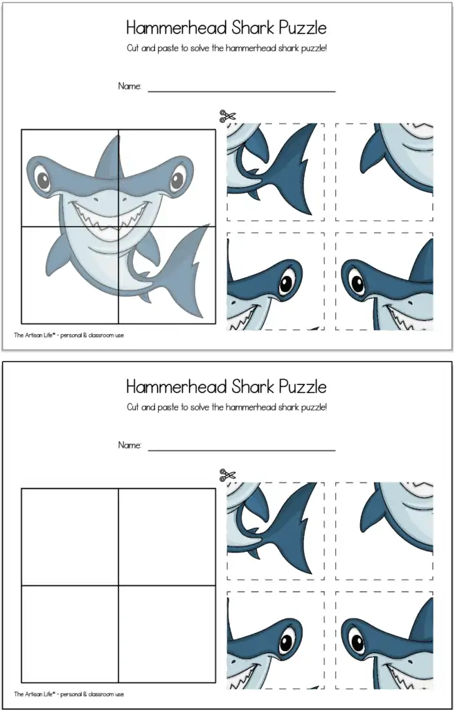 A preview of two printable hammerhead shark puzzles with four pieces to cut and pate. The top version has a hint image to help the child solve the puzzle. The lower page does not.