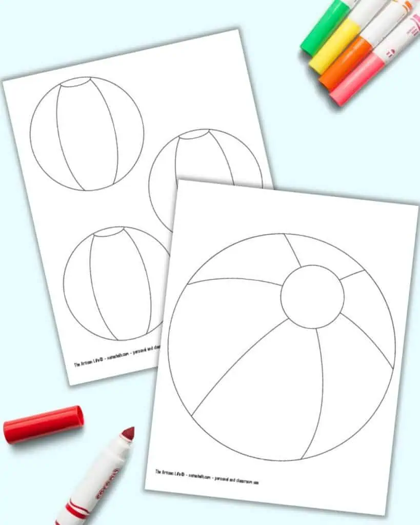 A preview of a large beach ball coloring page and three small beach balls on one page. The sheets are shown with colorful children's markers.