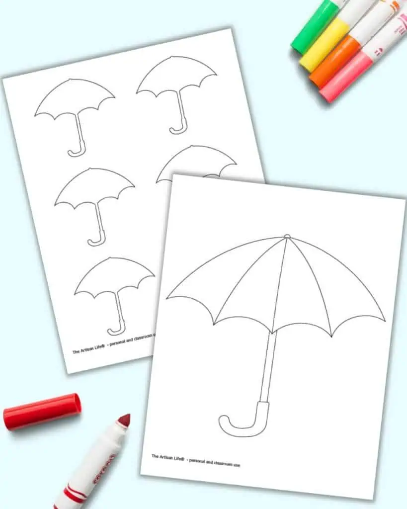 A preview of a large, 8" wide blank umbrella template and a page with 6 small lined umbrella templates.