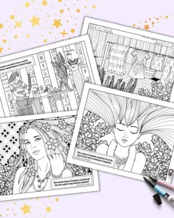 a preview of four lavender essential oil coloring pages with information about lavender and designs to color