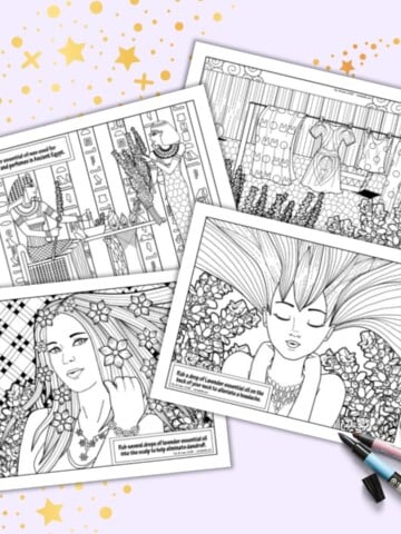 a preview of four lavender essential oil coloring pages with information about lavender and designs to color