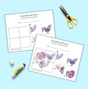 A preview of two printable four piece puzzles. Both puzzles show the same purple mermaid. One puzzle has a hint image in the solution grid, the other does not have a hint image. The pages are on a light blue background with a pair of yellow handled scissors and a glue stick