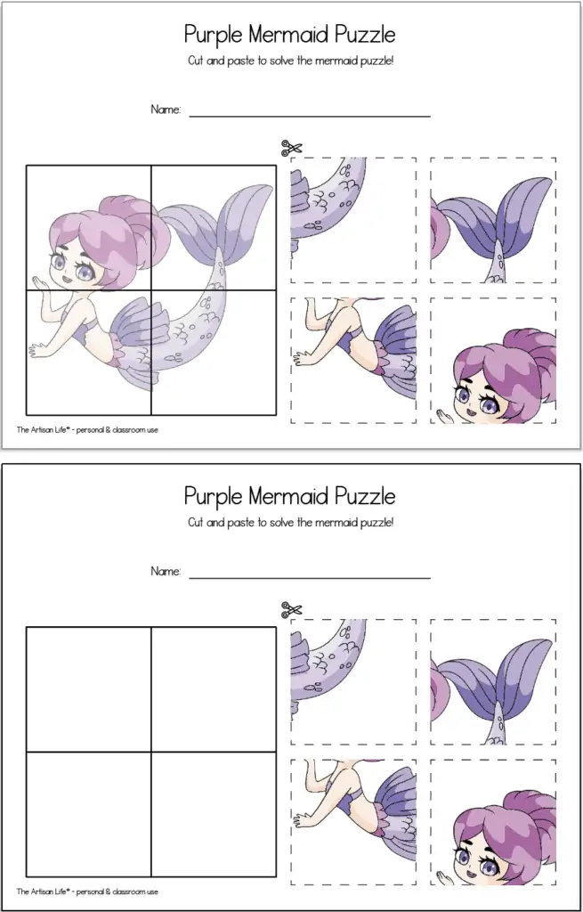 A preview of two pages of printable mermaid puzzle. Each page has four puzzle pieces and a solutions box. One page has a hint image in the solution grid and the other one has a blank solutions grid.