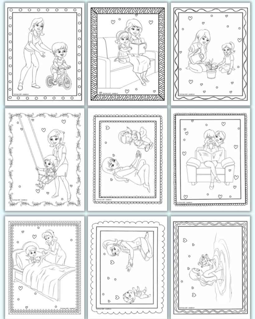 Nine mom and child coloring pages. Each page shows mom with a child or baby and has a doodle frame to color.