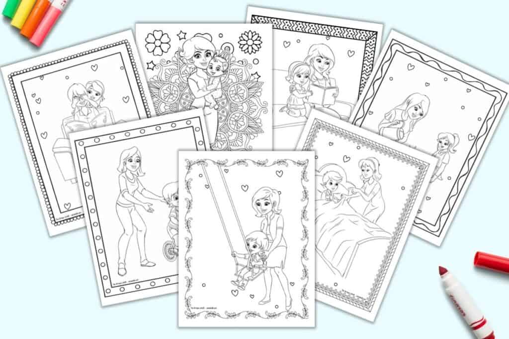 A preview of seven printable coloring pages. Each page has a mom and her child engaged in an activity like gardening, bedtime, reading, or biking.