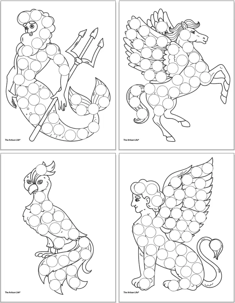 A preview of four mythical animal dot marker coloring pages. Images include: a merman, Pegasus, a Phoenix, and the Sphinx