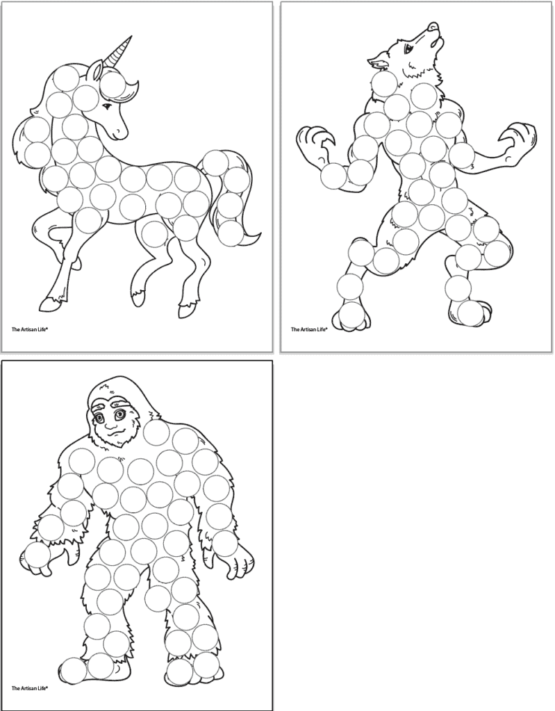 A preview of three mythical animal dot marker coloring pages. Images include: a unicorn, a werewolf, and a yeti 