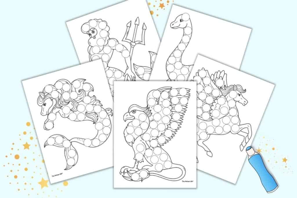 A preview of five printable mythical animal dot marker coloring pages. Images include: a merman, Nessie, Pegasus, a griffin, and a kelpie