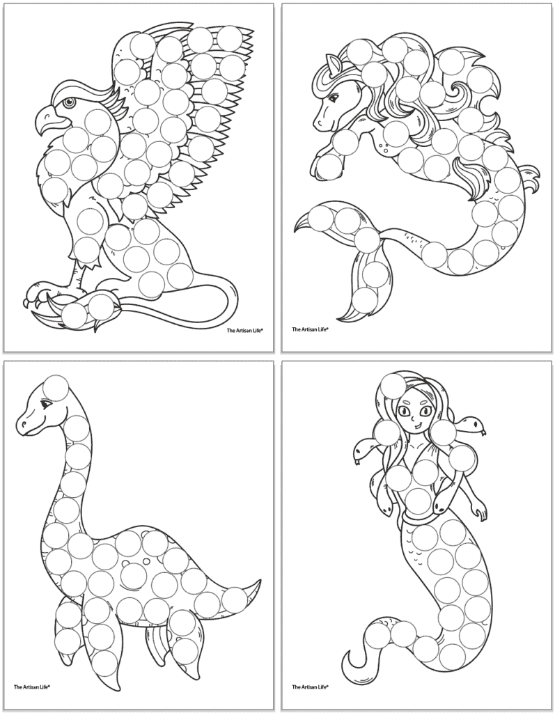A preview of four mythical animal dot marker coloring pages. Images include: A griffin, a kelpie, Nessie, and Medusa 