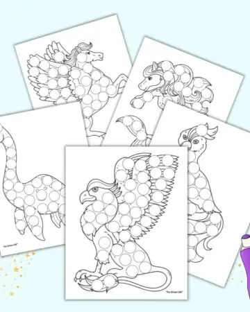 A preview of five mythical creature themed dot marker pages. Images include: Nessie, Pegasus, a kelpie, a Phoenix, and a griffin