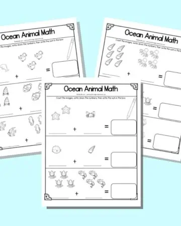 Three ocean animal addition worksheets for kindergarten. Teach page has three addition sentences with ocean animals to count. Sums equal 2-10