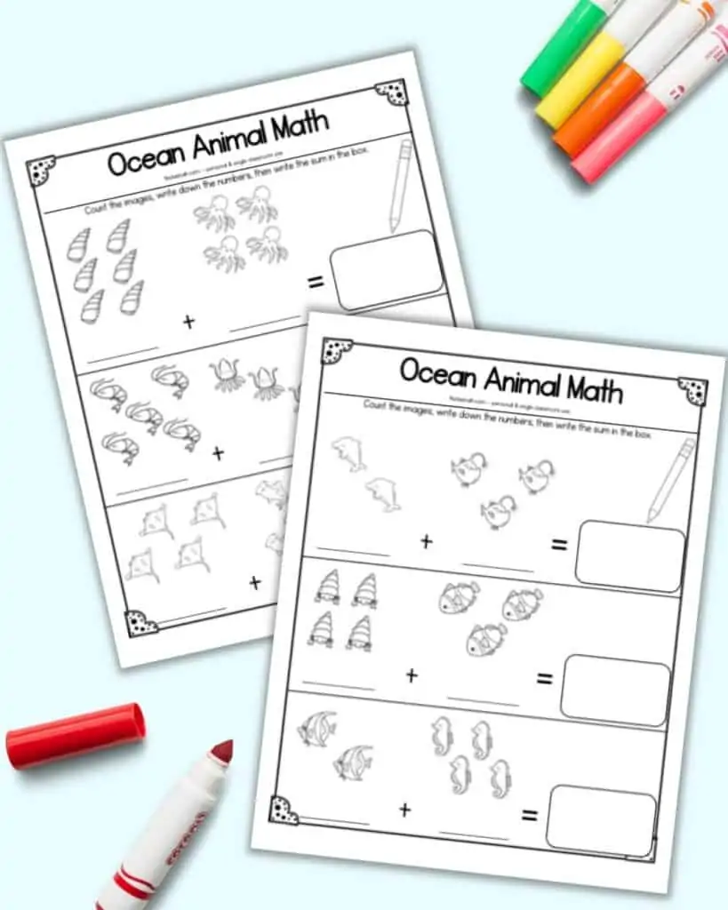 A preview of two printable ocean animal math printables for kindergarteners. Each page has three addition sentences with cute ocean animal clipart. 