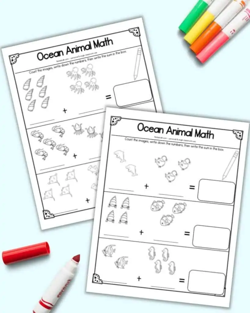 free printable ocean animal addition worksheets 1 10 the artisan life