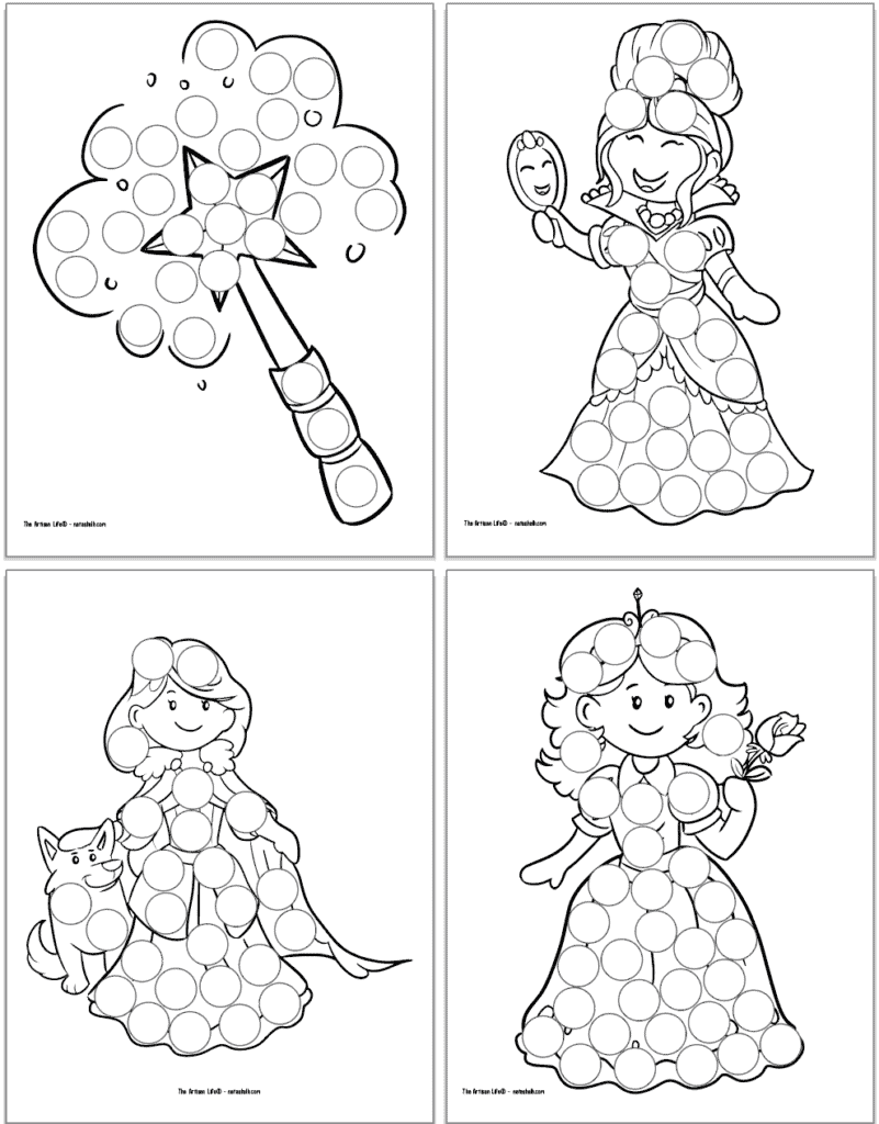 Four princess themed dab it marker pages. One has a wand, another has a princess smiling at a hand mirror, one has a princess with a dog, and the last has a princess with a rose.