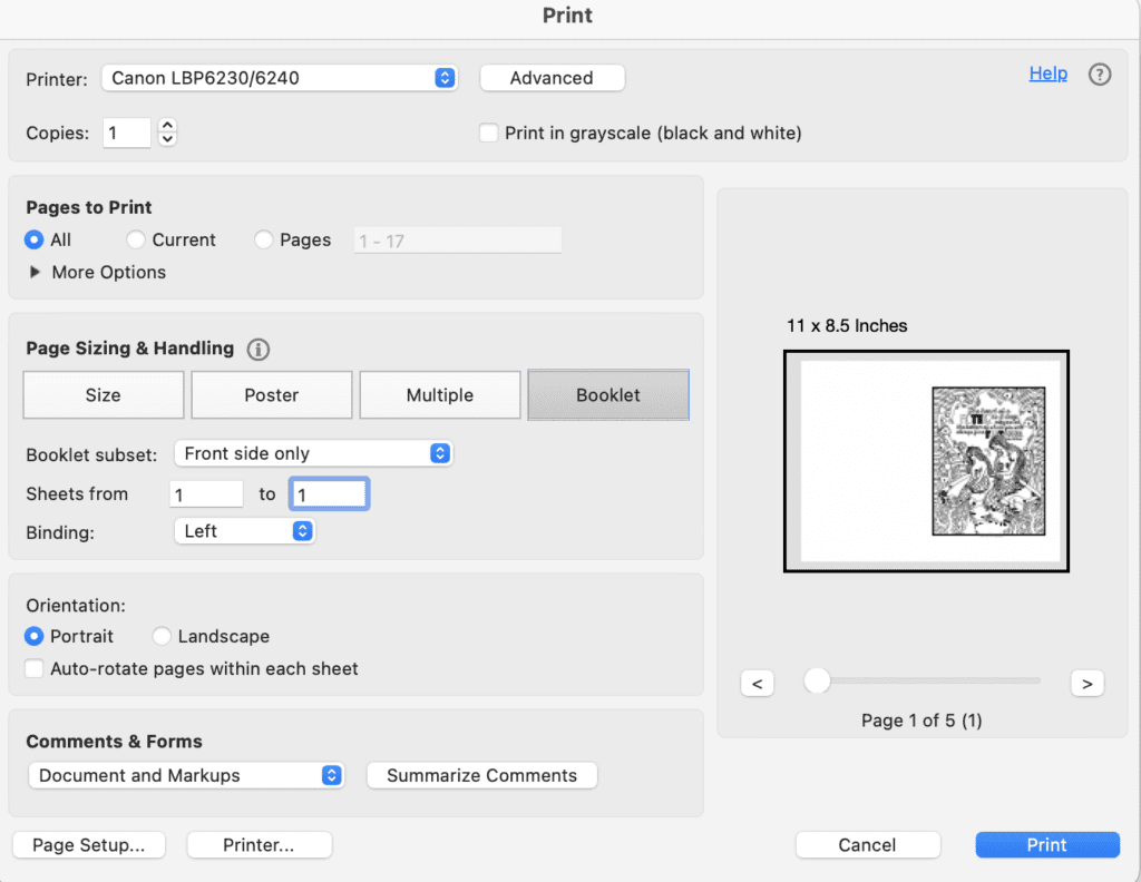 An Adobe Reader print dialogue box showing how to print your own Mother's Day card from a coloring page.