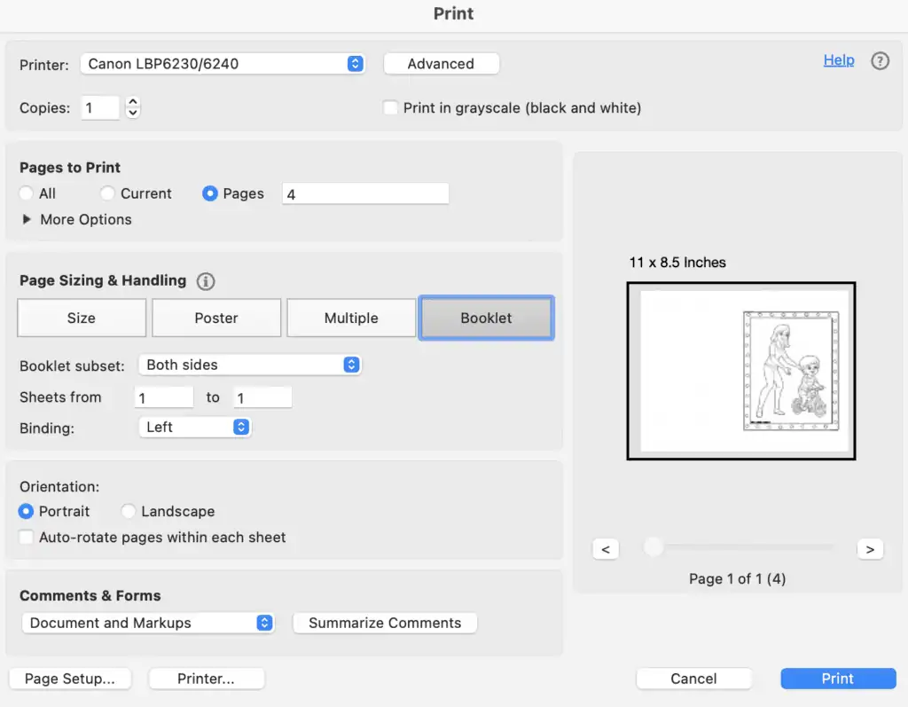 A screenshot of Adobe Acrobat Reader showing how to print a coloring page as a fold-over card.