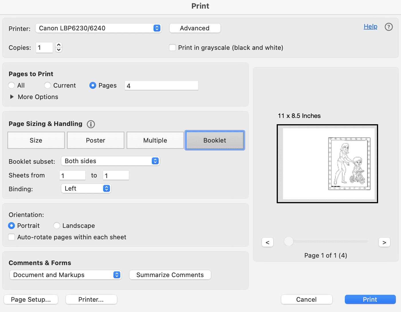 A screenshot of Adobe Acrobat Reader showing how to print a coloring page as a fold-over card.