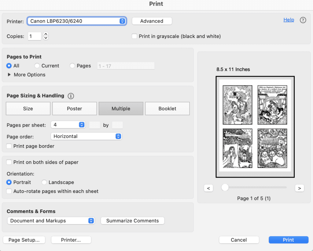 A screenshot of a print dialogue box showing how to print coloring pages 4 up to mark Mother's Day cards