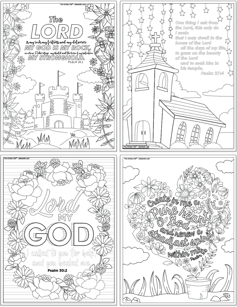 A preview of four printable Pslams coloring pages. Pslams include 18:2, 27:4, 30:2, and 51:10