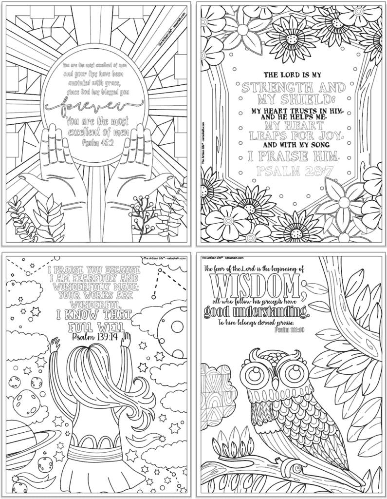 A preview of four printable Pslams coloring pages. Pslams include 45:2, 28:7, 139:14, and 111;10