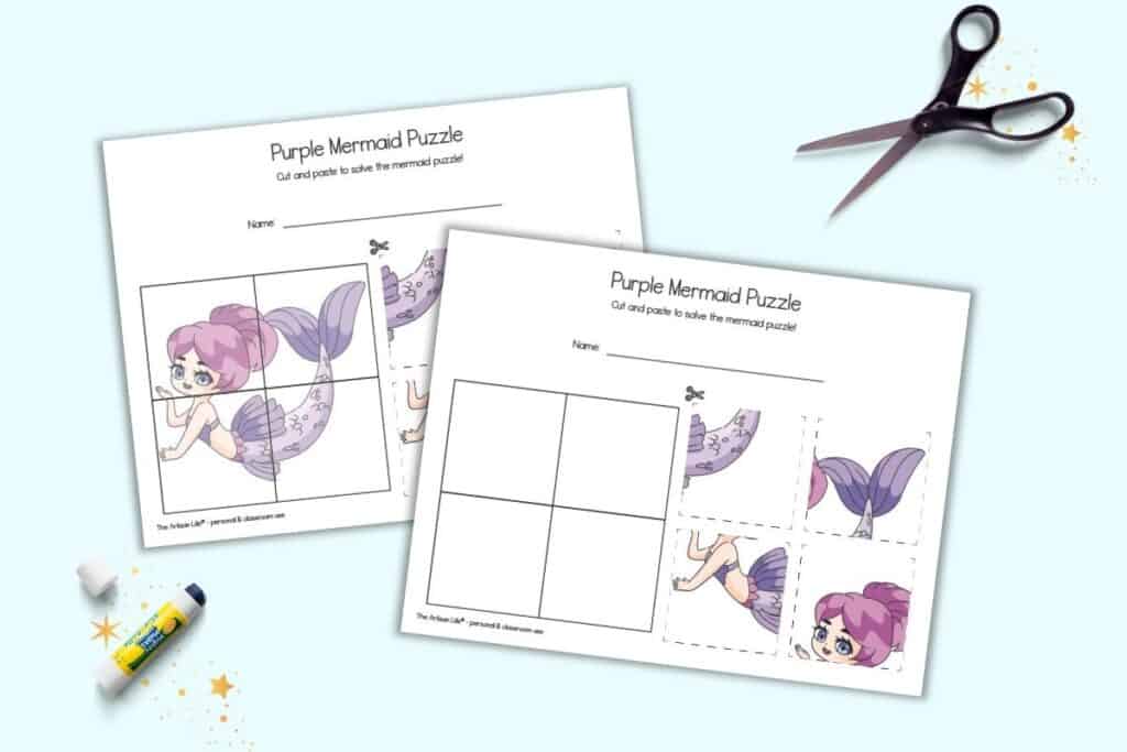 A preview of two printable four piece puzzles. Both puzzles show the same purple mermaid. One puzzle has a hint image in the solution grid, the other does not have a hint image.