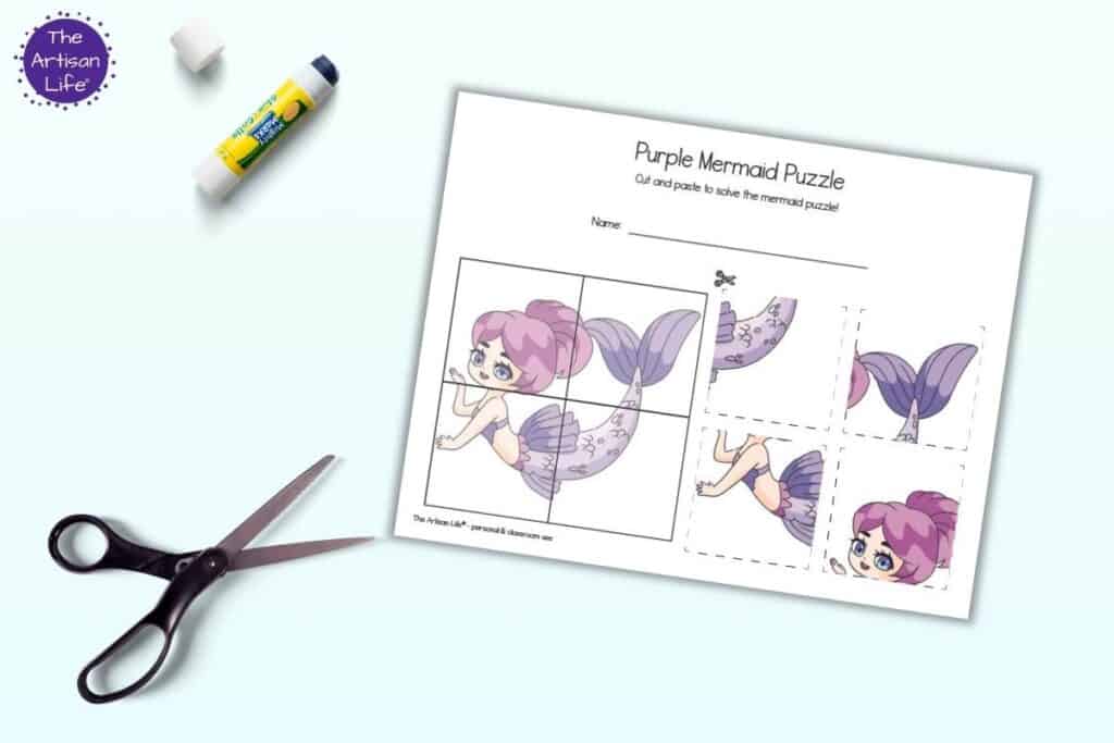 A preview of a four piece puzzle featuring a purple mermaid. The sheet is non  light blue background with a pair of scissors and a glue stick 