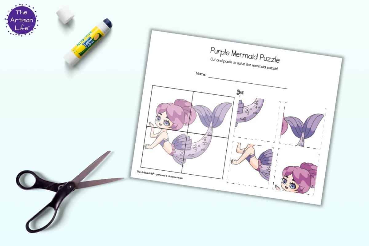 A preview of a four piece puzzle featuring a purple mermaid. The sheet is non light blue background with a pair of scissors and a glue stick