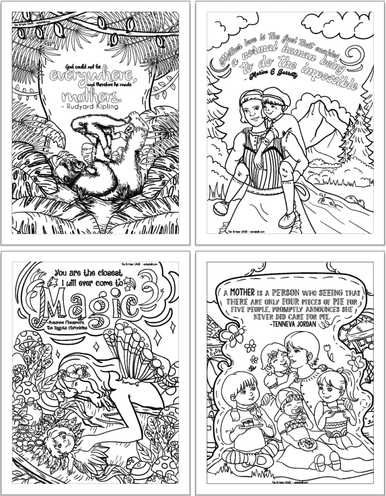 Four coloring sheets for adults with quotations about mothers and motherhood
