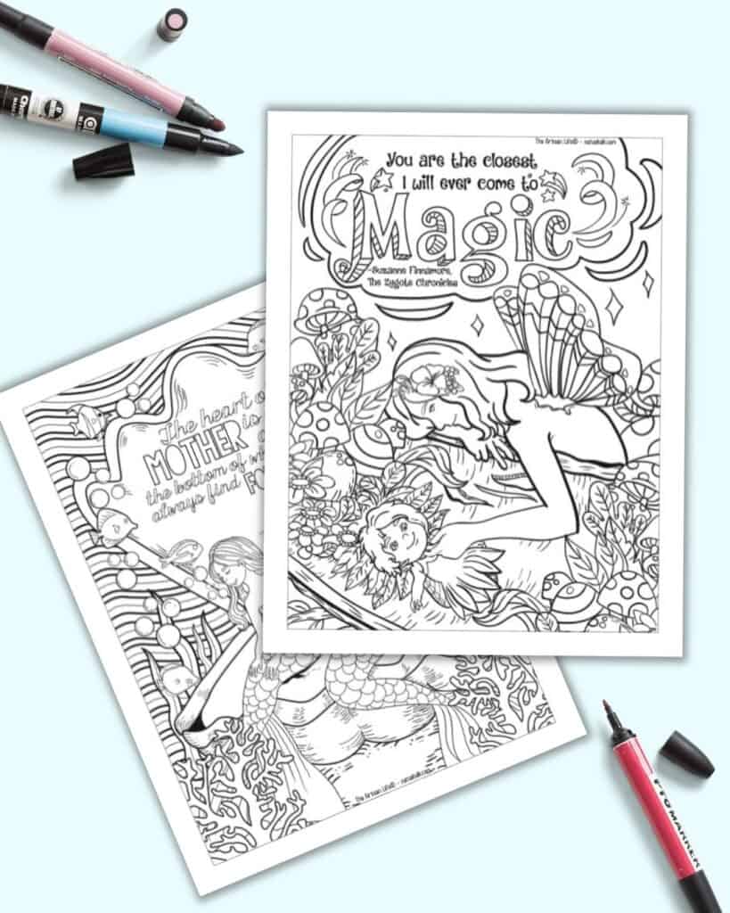 A preview of two printable coloring pages. Each page has a quotation about motherhood. One page has a mermaid mom and her baby, the other page has a fairy mom and her fairy baby.