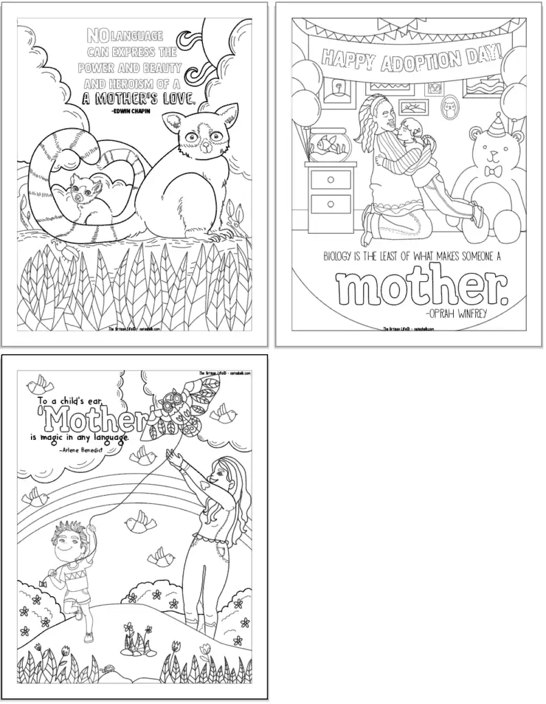 A preview of three printable coloring pages with quotations about motherhood.