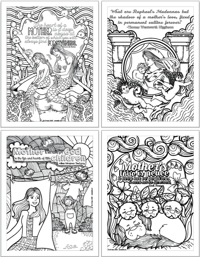 A preview of four coloring sheets with quotations about motherhood. 