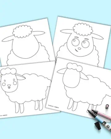 A preview of four printable sheep templates. Two are facing front, two are shown from the side.