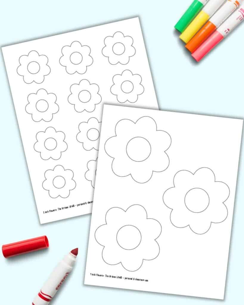 A preview of two printable flower template pages with colorful children's markers.