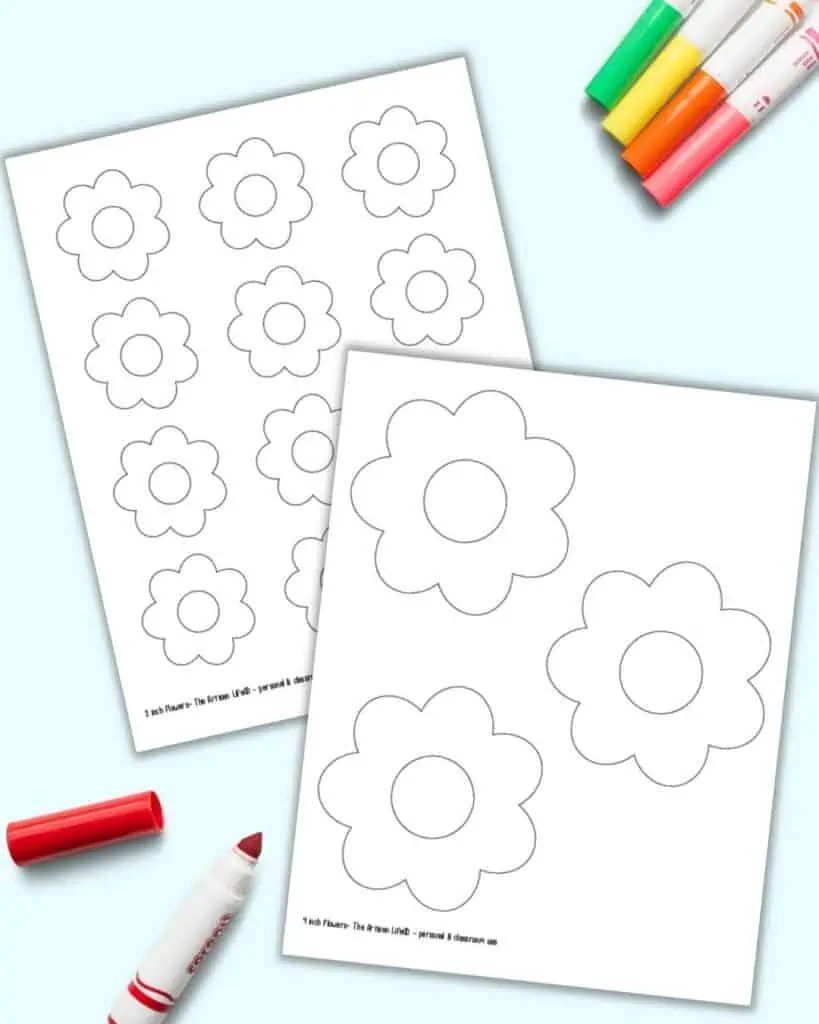 A preview of two printable flower template pages with colorful children's markers.