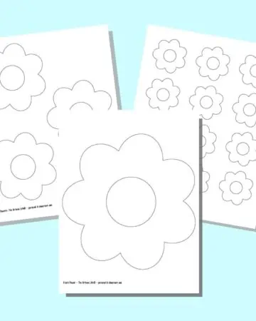 A preview of three printable simple flower templates. One page has a large, 8" flower. One page has 3 4" flowers and the last page has 12 2" flowers