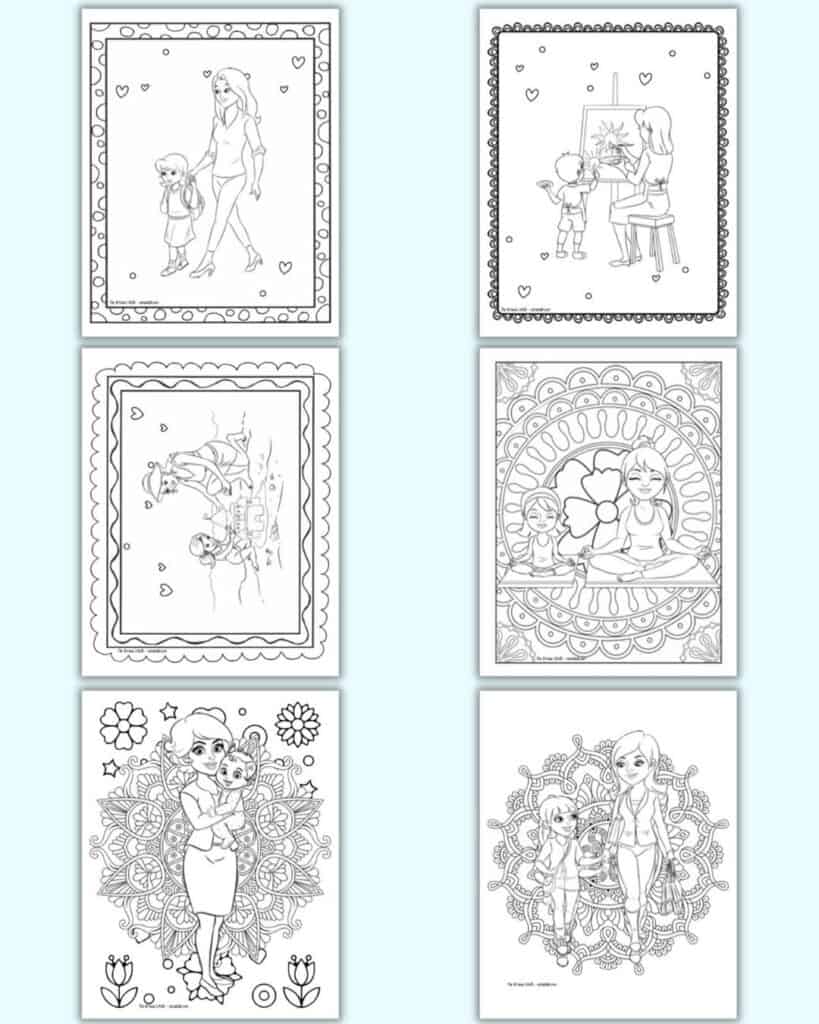 A preview of six mom and child coloring pages. Three have a mom and child with a frame border and three have a mom and child on a mandala background.