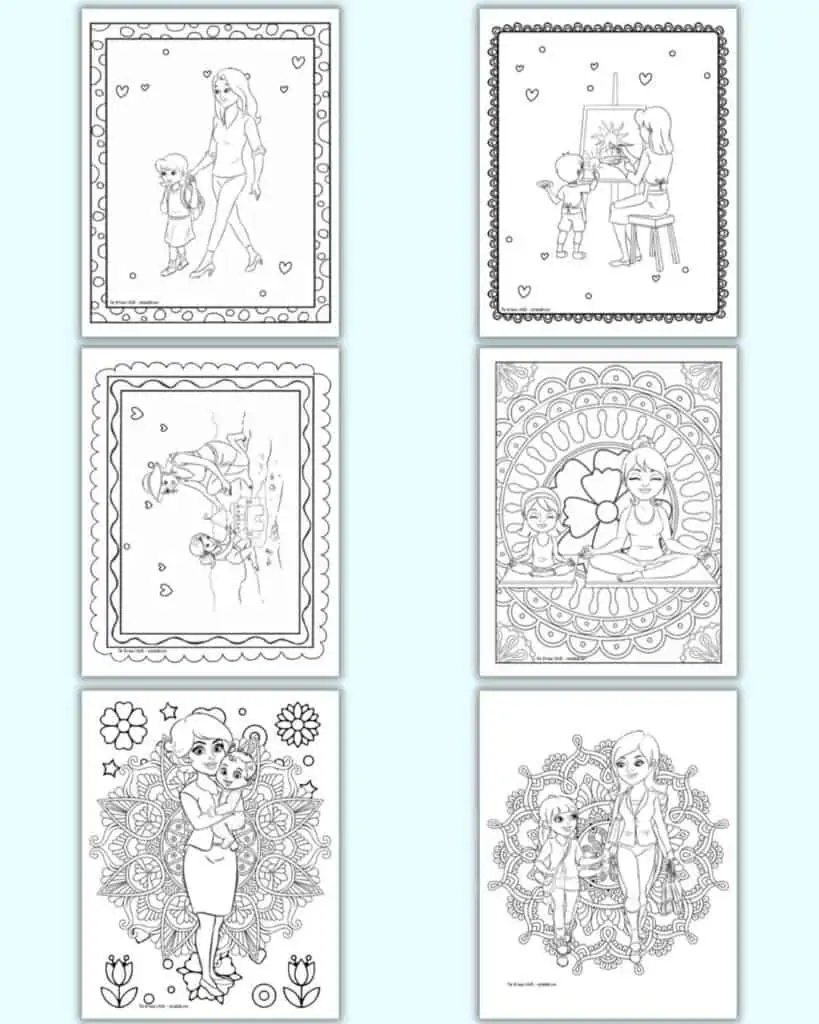 A preview of six mom and child coloring pages. Three have a mom and child with a frame border and three have a mom and child on a mandala background.