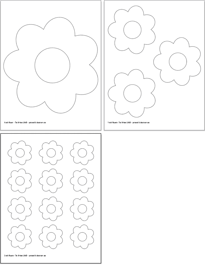 A preview of three printable pages of simple flower template. One page has an 8" flower. The second page has 3 4" flowers. The last page has 12 3" flowers.