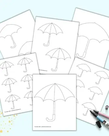 A preview of six printable umbrella templates. Half have lines and half are blank. Both versions are available in lined and blank.