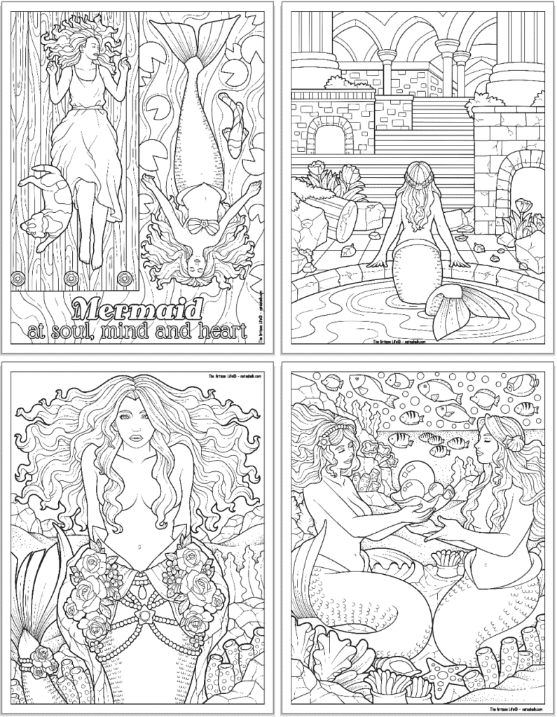 A preview of four mermaid coloring sheets including one with the text "Mermaid at soul, mild, and heart," a mermaid lookup up out of a pool, a sultry-looking mermaid, and two mermaids holding a shell of pearls.