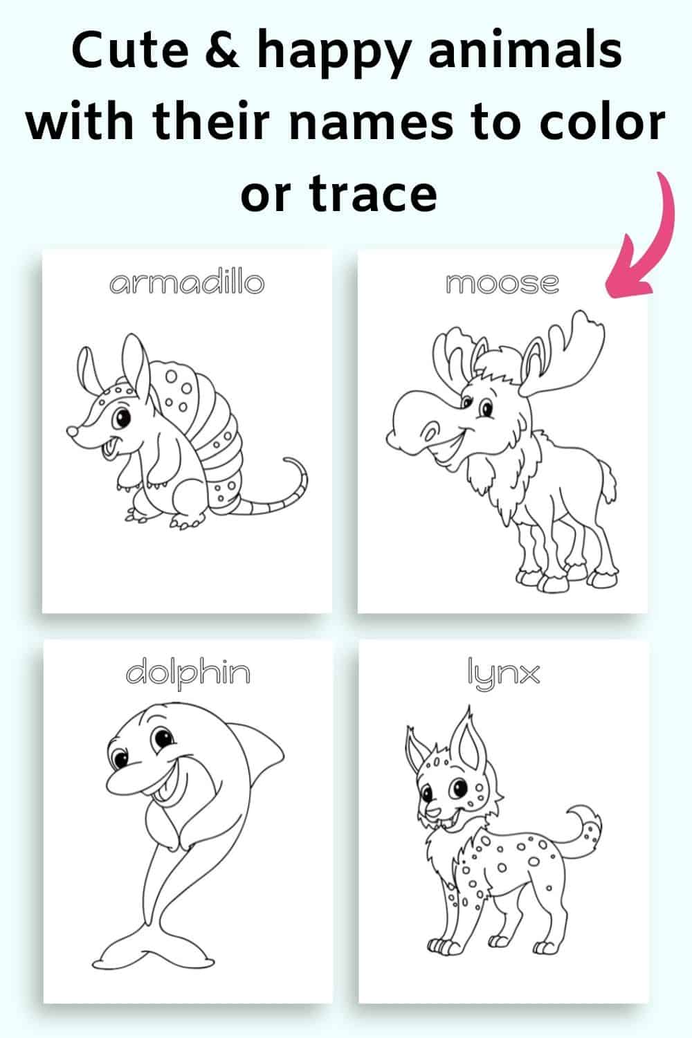 Text "cute and happy animals with their names to color or trace" with four cute animal coloring pages: an armadillo, a moose, a dolphin, and a lynx.