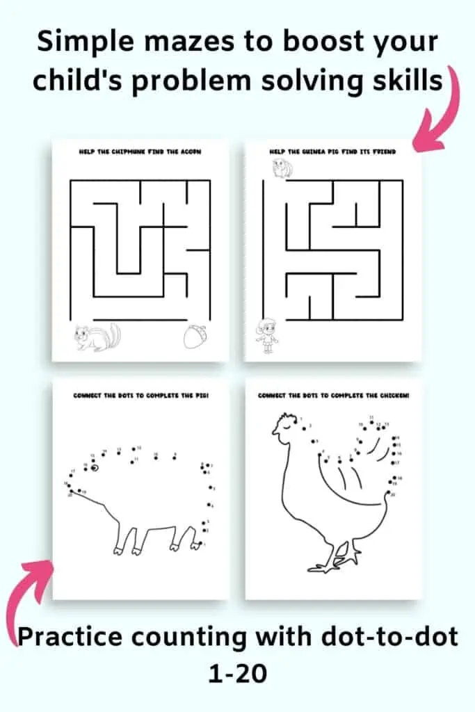 Text "simple mazes to boost your child's problem solving skills" and "practice counting with dot to dot 1-20" with a preview of two mazes and two dot to dot pictures. 