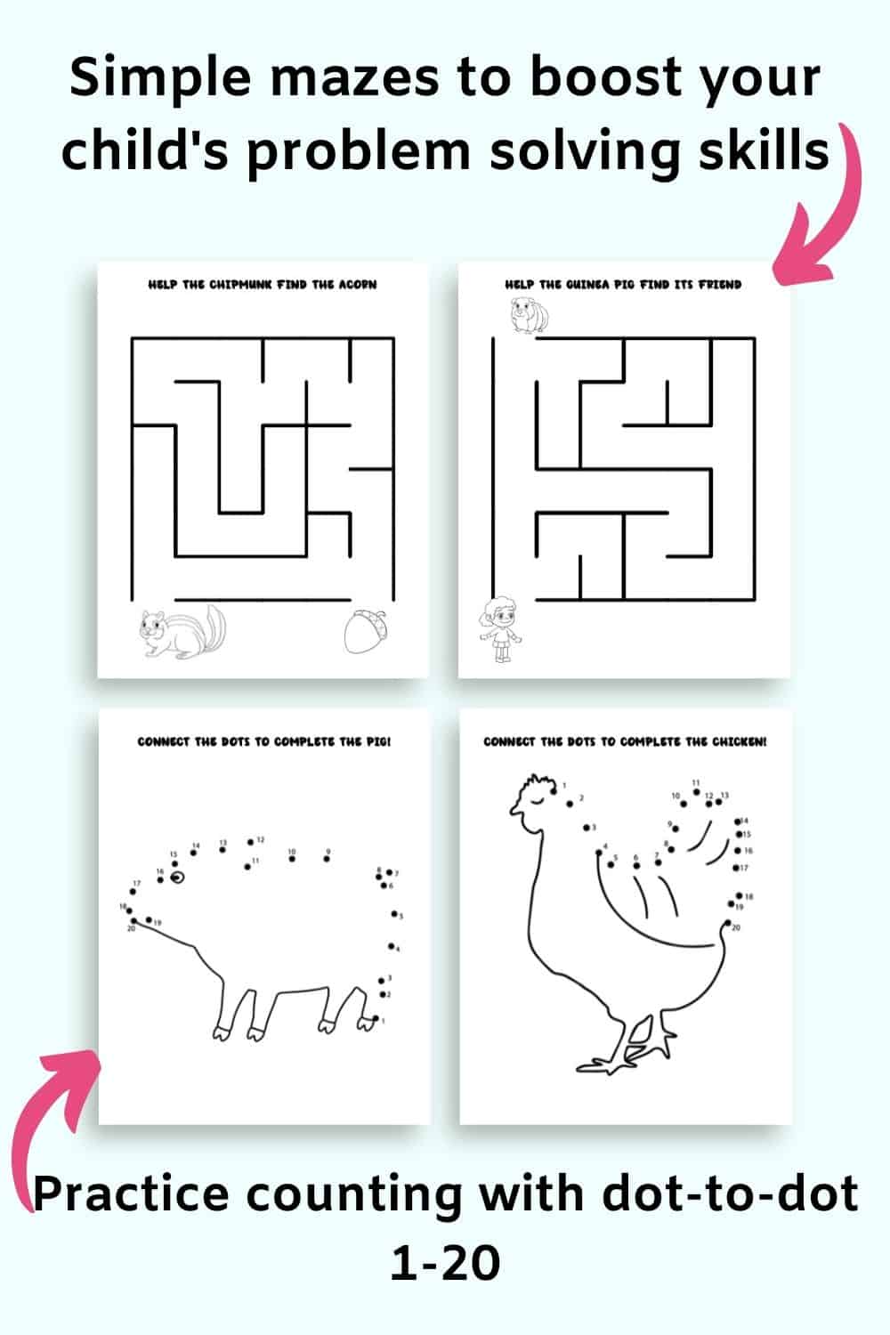 Text "simple mazes to boost your child's problem solving skills" and "practice counting with dot to dot 1-20" with a preview of two mazes and two dot to dot pictures.